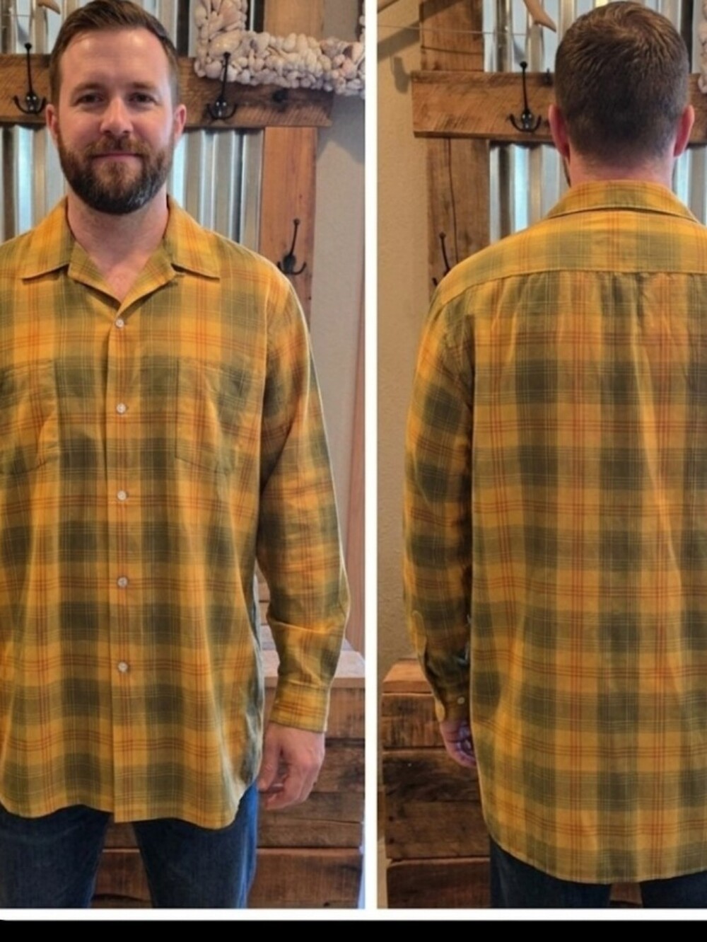 Vtg JC Penney Ocher Gold Plaid Shirt XL Tall Long Sleeve Perm Press